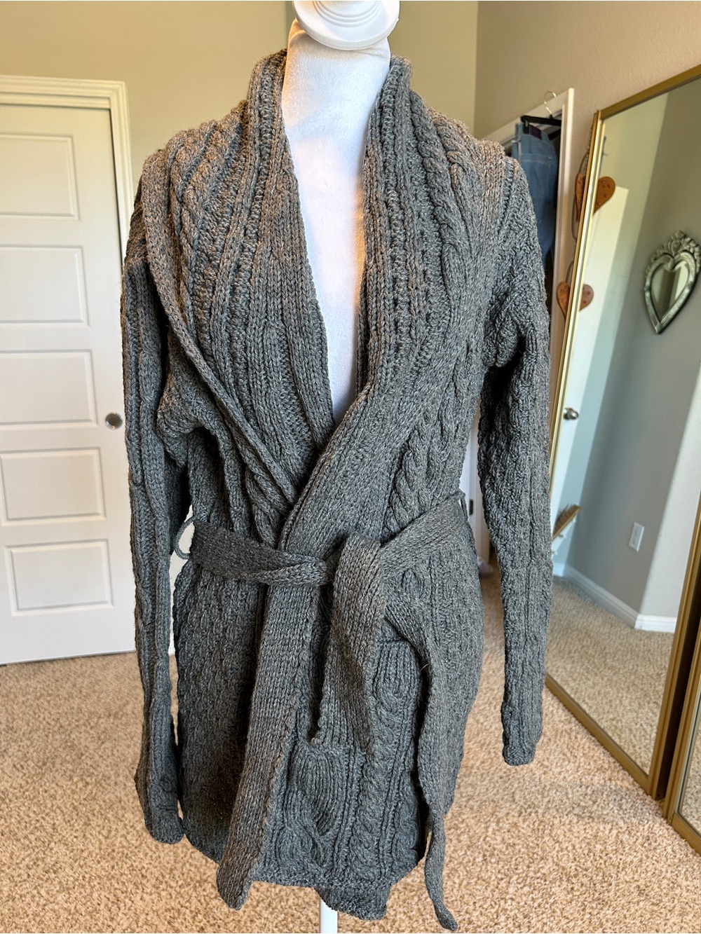 Carraig Donn Ireland Merino Wool Cable Knit Belted Cardigan Sweater XXL Gray